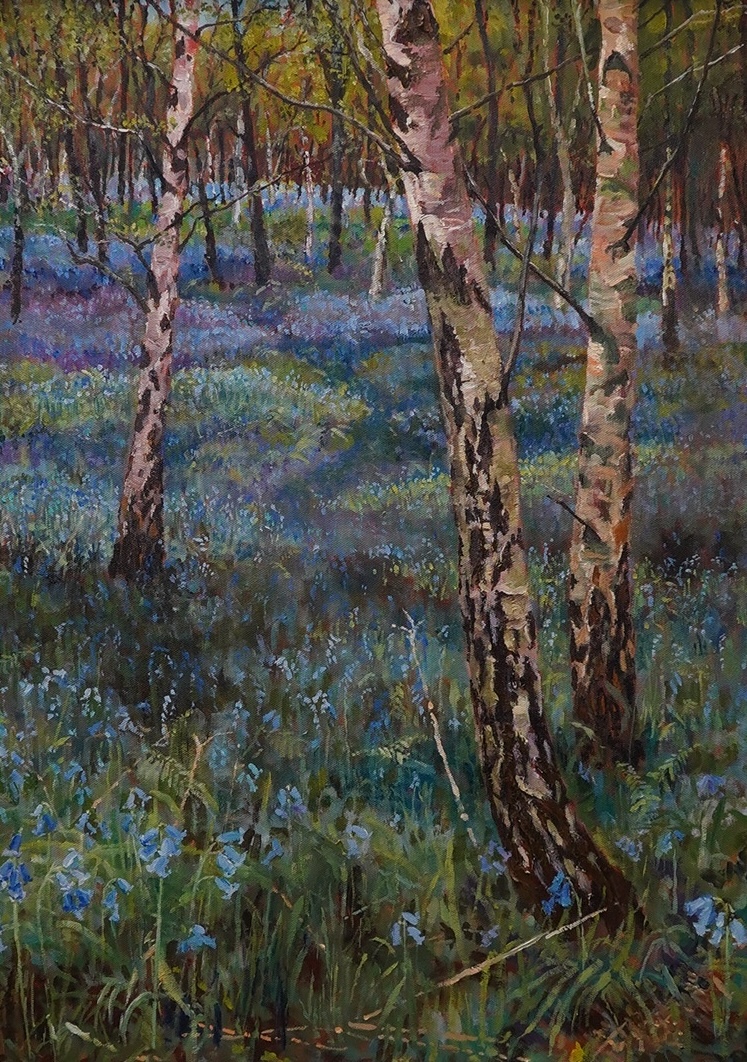 Derek Wiles, oil on canvas, bluebells and birches, unsigned, label verso, 69 x 49cm. Condition - good